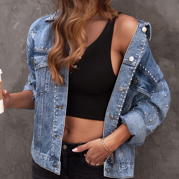 Studded button down denim jacket, size M - Picture 1 of 6